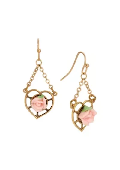 Gold Tone Heart Porcelain Rose Earrings
