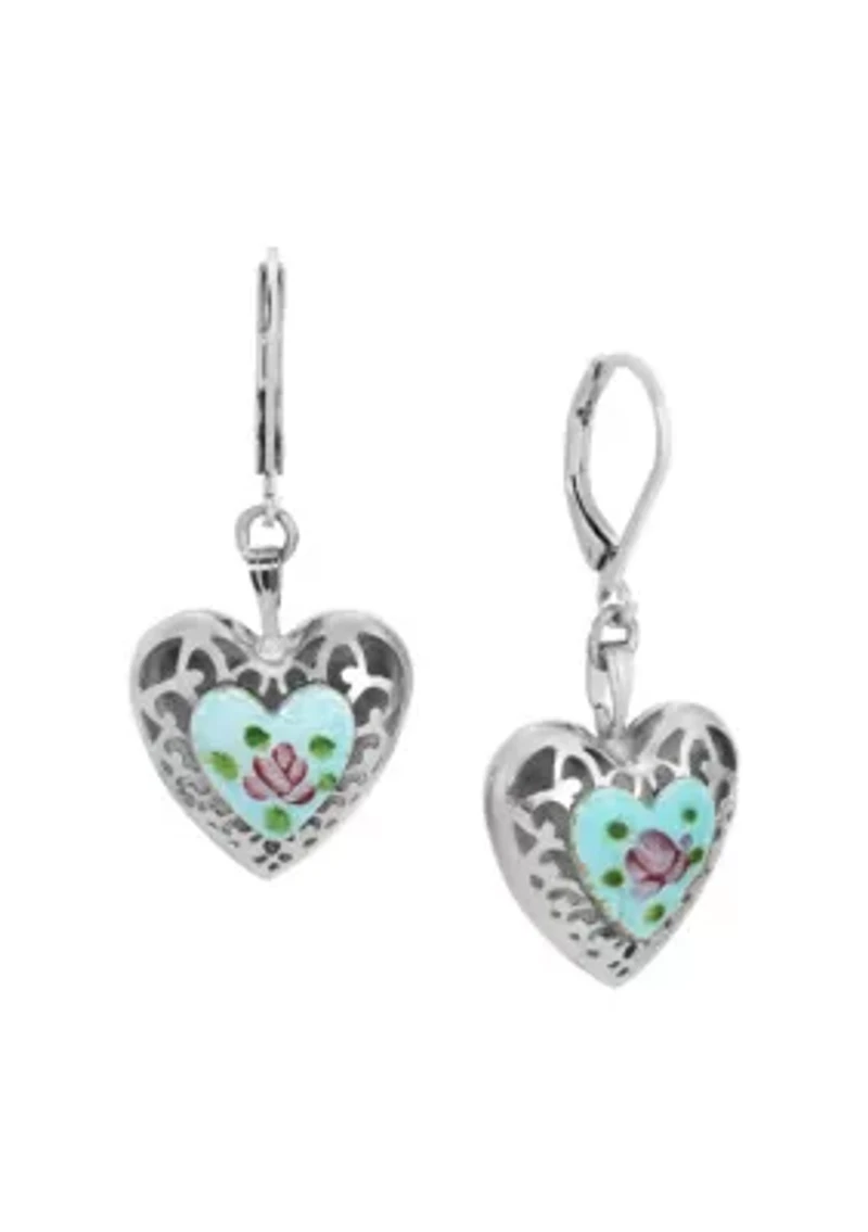 Heart Floral Enamel Leverback Earrings