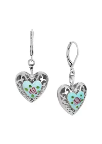 Heart Floral Enamel Leverback Earrings