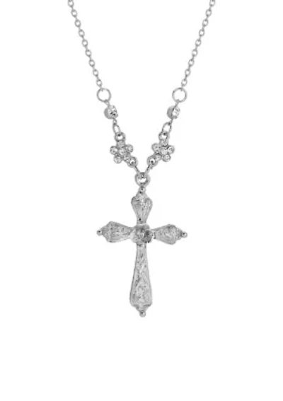 Silver Tone Cross Crystal Necklace 16"Ad