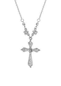 Silver Tone Cross Crystal Necklace 16"Ad