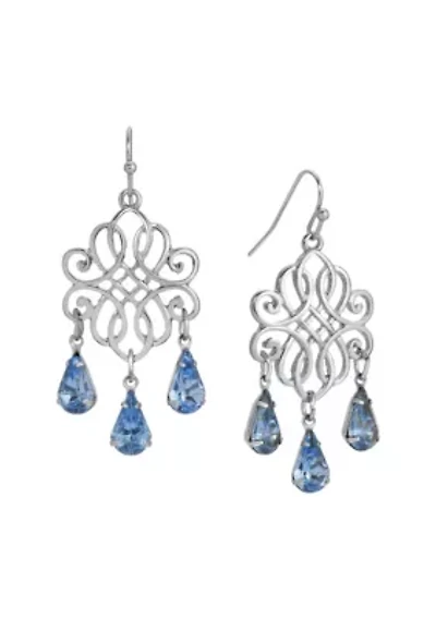 Silver Tone Filigree Sapphire Crystals Drop Wire Earrings