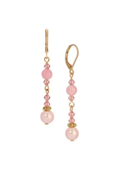 Gold Tone Pink Bead Drop Earrings