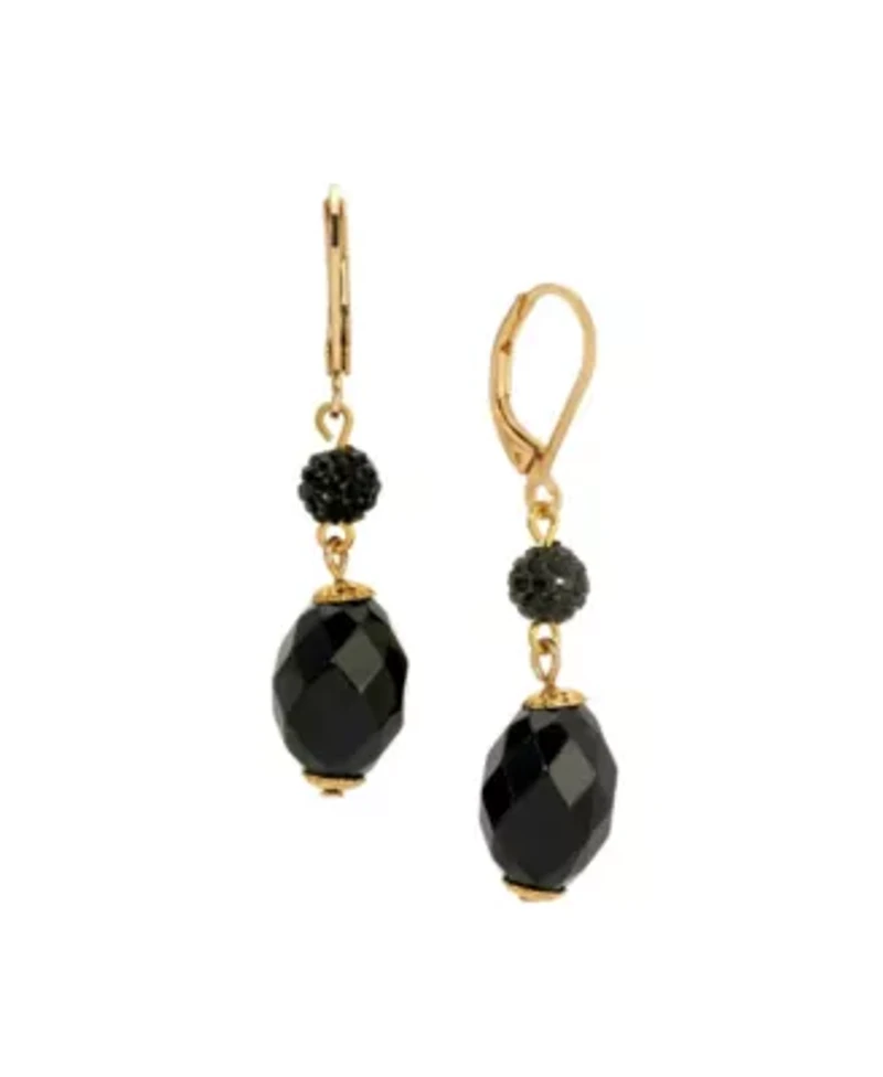 Gold Tone Black Bead Drop Earrings