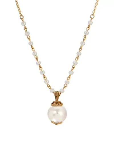 Gold Tone Round Faux Pearl Bead Drop Necklace 18"