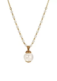 Gold Tone Round Faux Pearl Bead Drop Necklace 18"