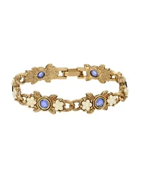 Gold Tone Faux Pearl Flower Blue Stone Bracelet