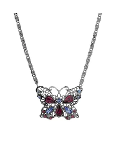 Silver Tone Purple Stones Butterfly Necklace 16" Adj.