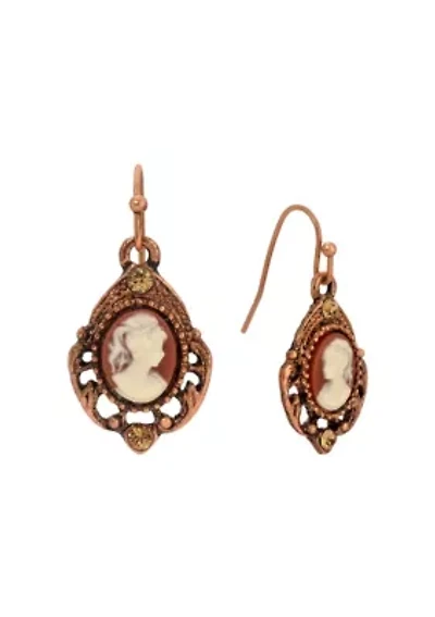 Copper Tone Oval Cameo Crystal Earrings