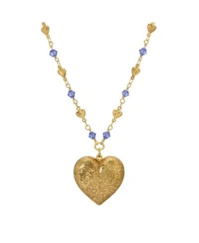 Gold Tone Heart Locket Blue Beaded Chain Necklace 18"
