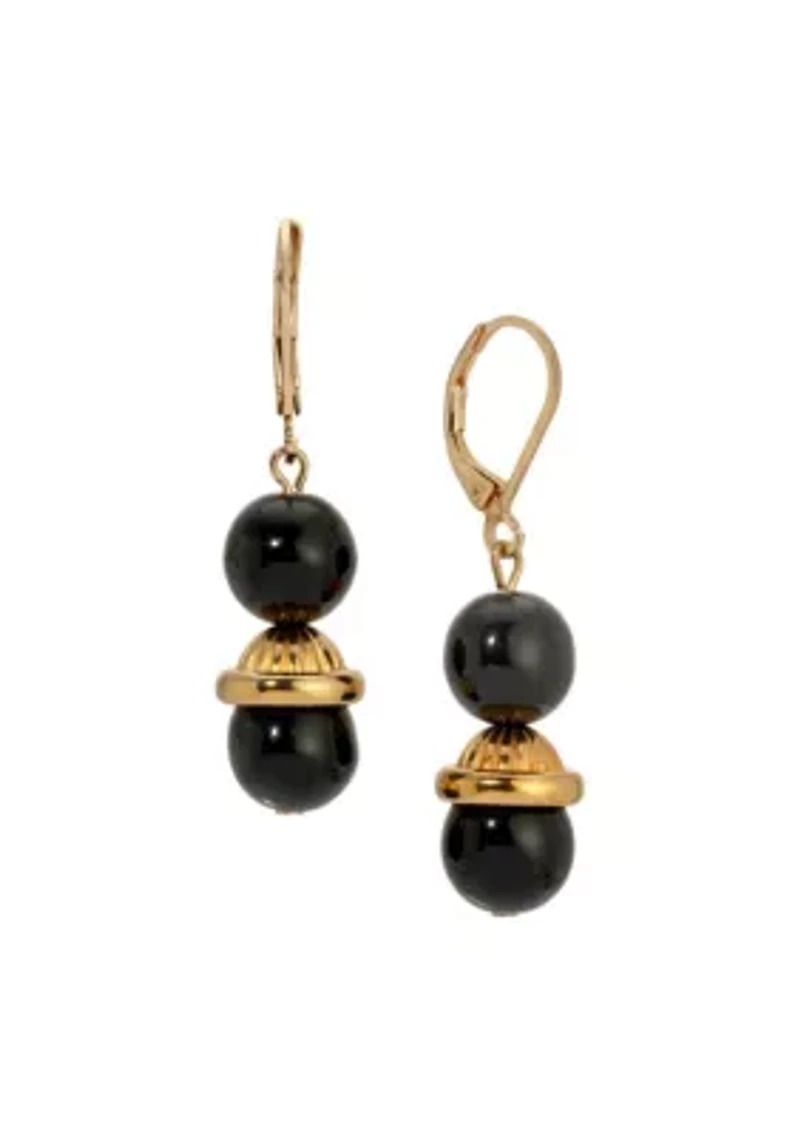 Jet & Gold Bead Drop Leverback Earrings