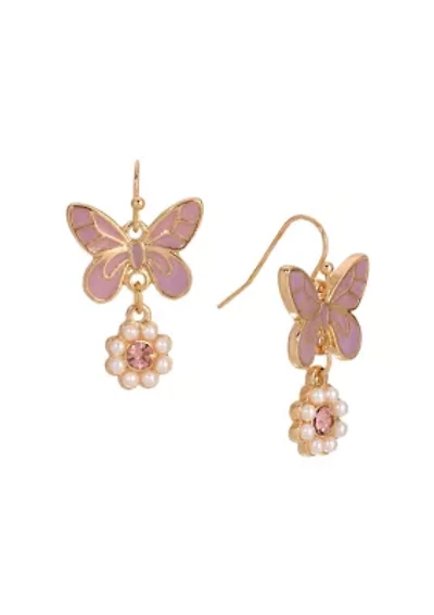 Pink Butterfly Round Faux Pearl Earrings