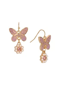 Pink Butterfly Round Faux Pearl Earrings