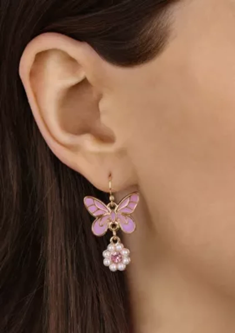 Pink Butterfly Round Faux Pearl Earrings