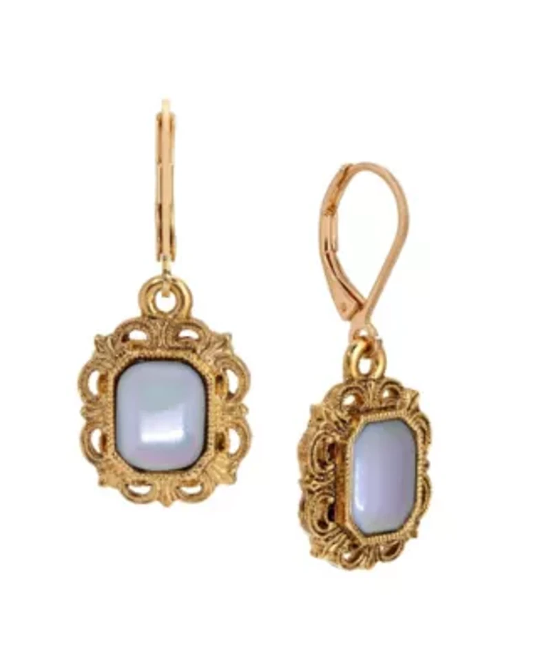Gold Tone Rectangle Stone Leverback Earrings