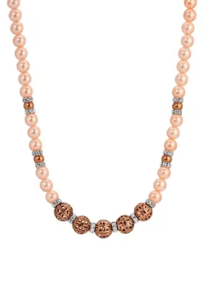Copper Tone Faux Pearl Filigree Bead Strand Necklace 16"