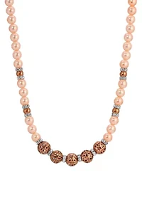 Copper Tone Faux Pearl Filigree Bead Strand Necklace 16"