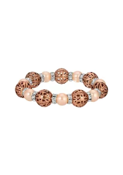 Copper Tone Faux Pearl & Filigree Bead Bracelet