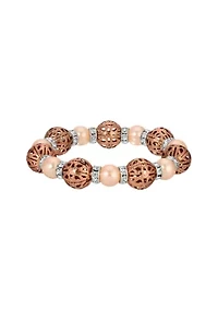 Copper Tone Faux Pearl & Filigree Bead Bracelet
