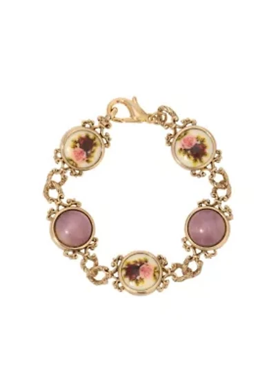 Gold Tone Ivory Decal Flower Purple Cabochon Bracelet