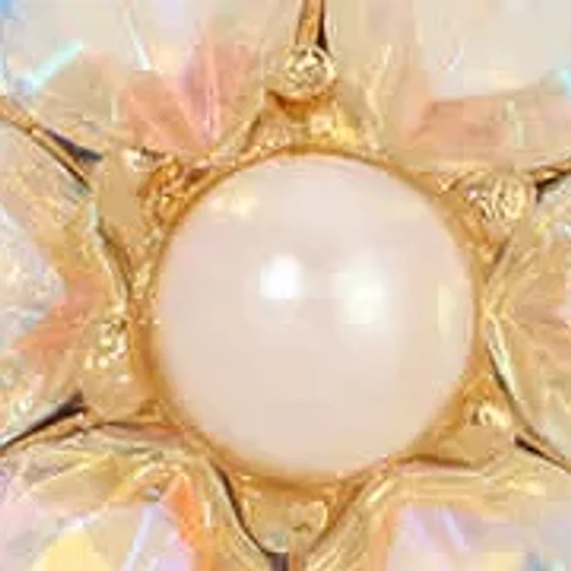 Gold Tone AB Crystal & Faux Pearl Flower Stud Earrings