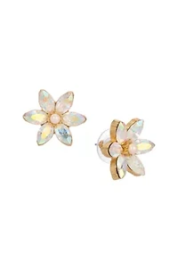 Gold Tone AB Crystal & Faux Pearl Flower Stud Earrings
