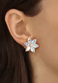 Gold Tone AB Crystal & Faux Pearl Flower Stud Earrings