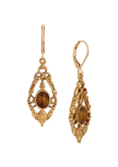 Gold Tone Teardrop Oval Stone Earrings