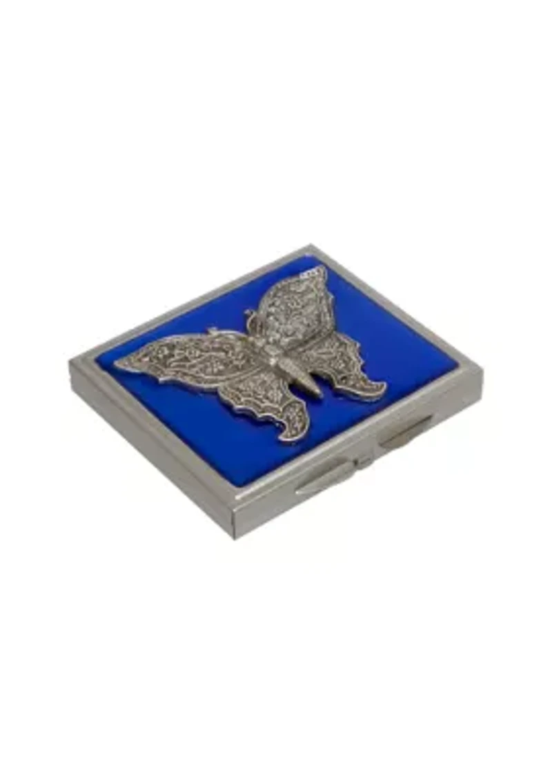 Pewter Tone Blue Enamel Butterfly Compact Mirror