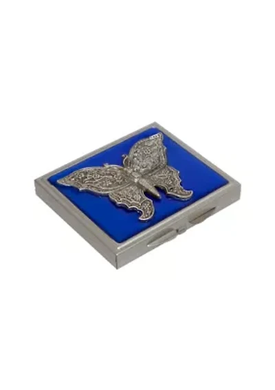Pewter Tone Blue Enamel Butterfly Compact Mirror