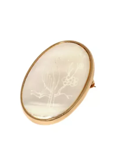 Oval Flower & Bird Etched MOP Pin