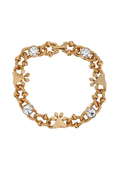 Gold Tone Clear Crystal & Paws Link Bracelet