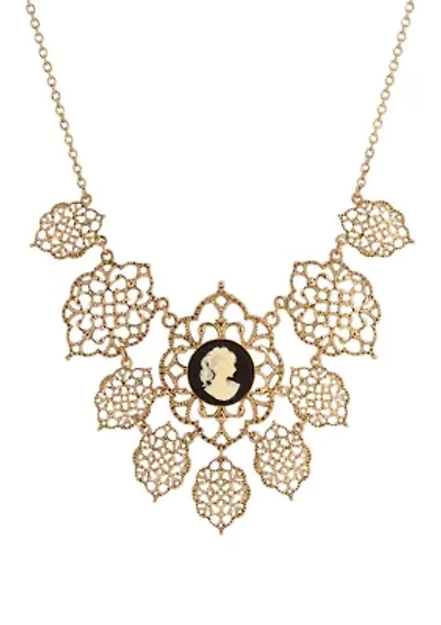 Gold Tone Filigree & Black Cameo Necklace 16" Adj.