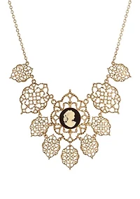 Gold Tone Filigree & Black Cameo Necklace 16" Adj.