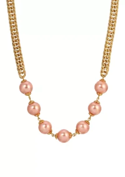 Gold Tone Pink Faux Pearl Bead Necklace 18"