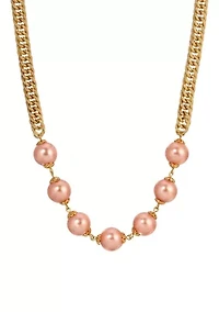 Gold Tone Pink Faux Pearl Bead Necklace 18"
