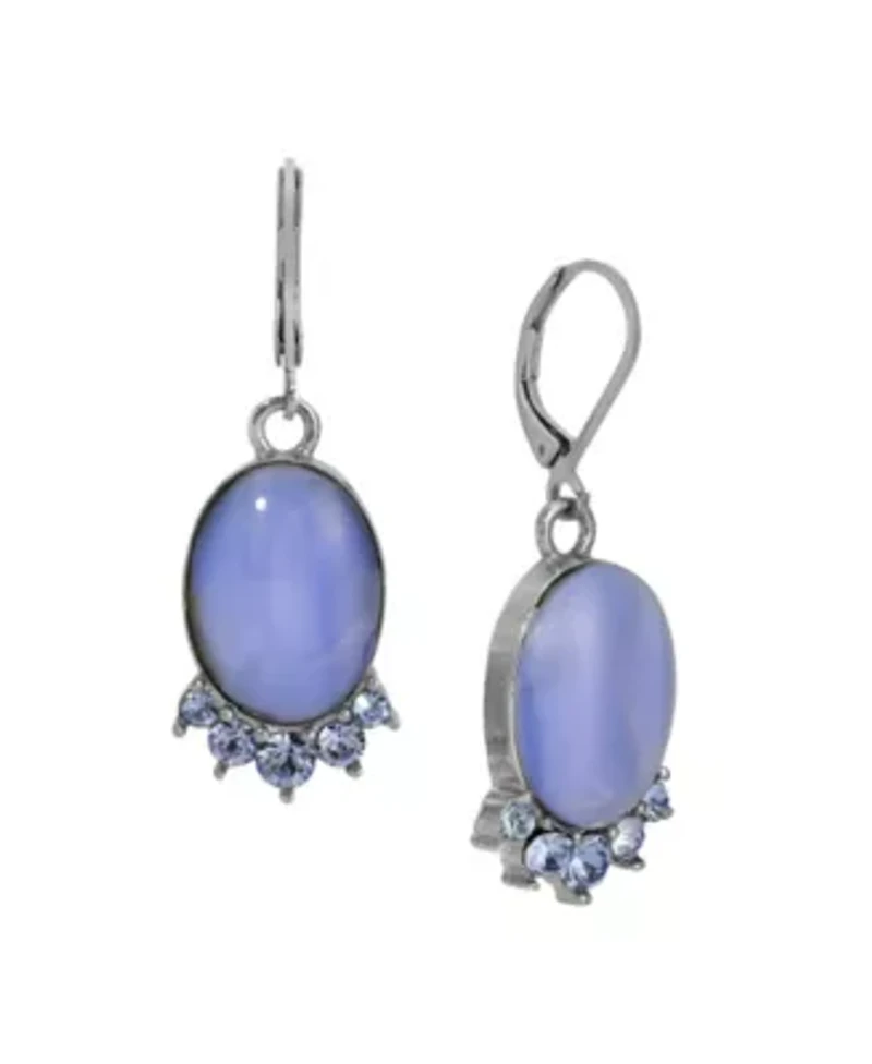 Silver Tone Oval Blue Moonstone & Crystal Earring