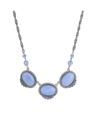 Silver Tone Oval Blue Moonstone Crystal Necklace 16" Adj.