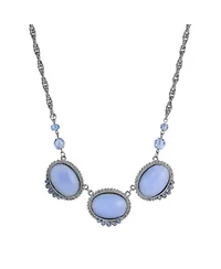 Silver Tone Oval Blue Moonstone Crystal Necklace 16" Adj.