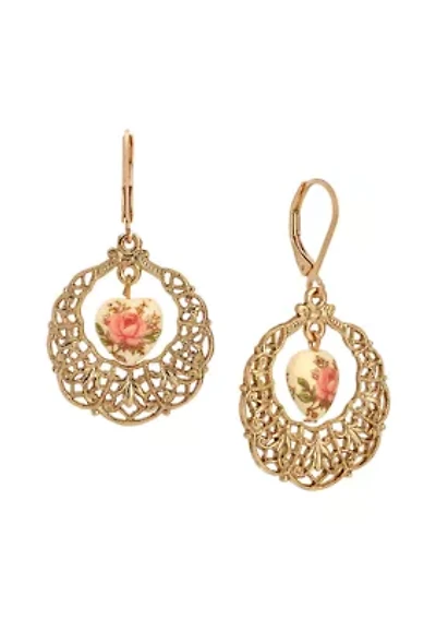 Gold Tone Filigree Floral Heart Drop Earring