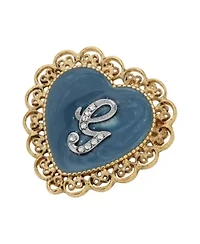 Gold Tone Initial Filigree Heart Blue Enamel Pin