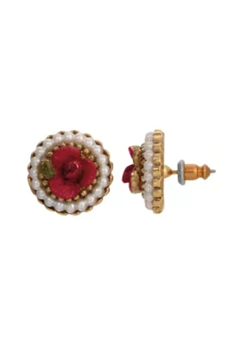 Faux Pearl Red Rose Round Stud Earrings