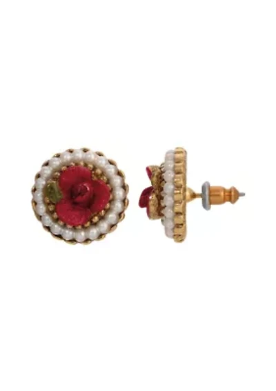 Faux Pearl Red Rose Round Stud Earrings