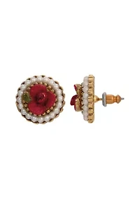 Faux Pearl Red Rose Round Stud Earrings