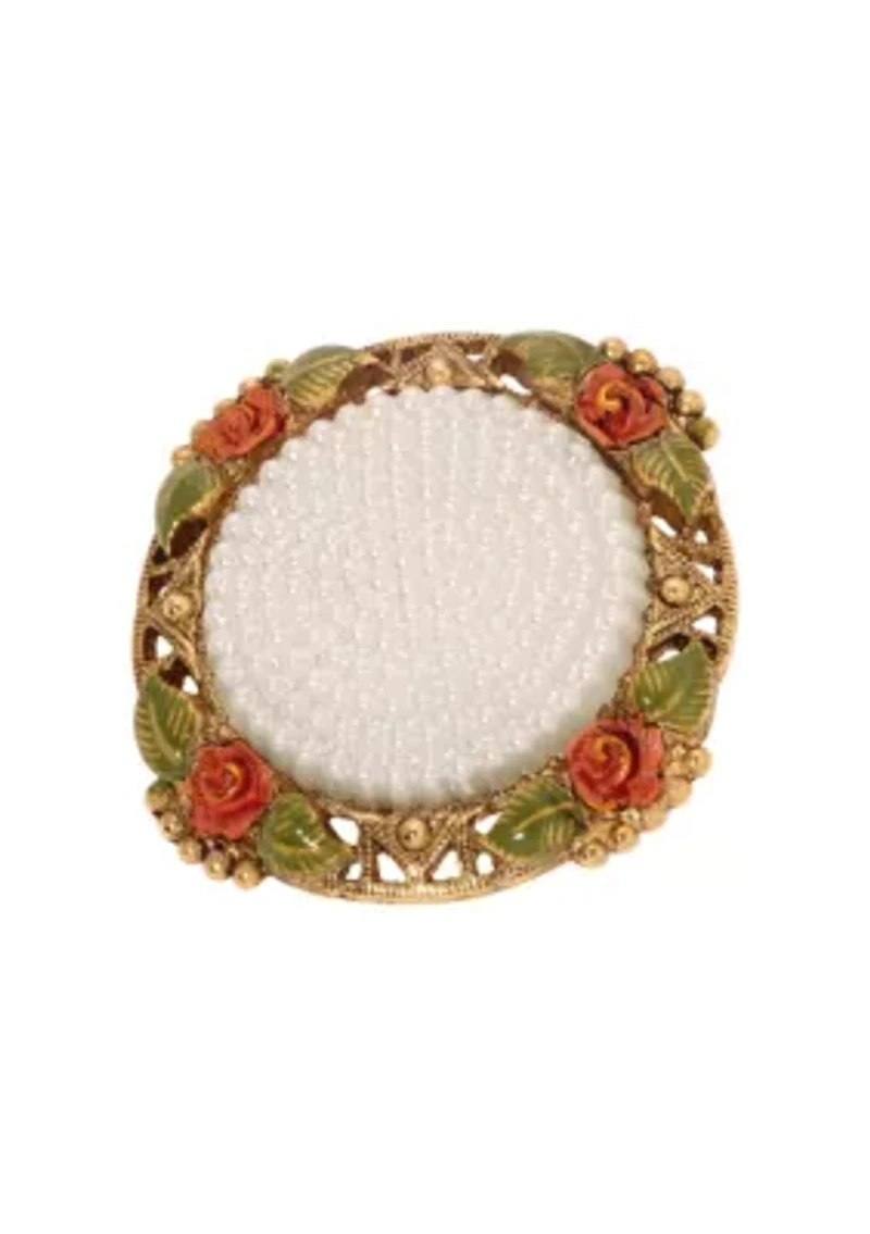 Faux Pearl Red Rose Round Brooch
