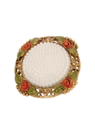 Faux Pearl Red Rose Round Brooch