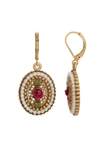 Faux Pearl Red Rose Oval Drop Earrings