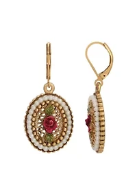 Faux Pearl Red Rose Oval Drop Earrings