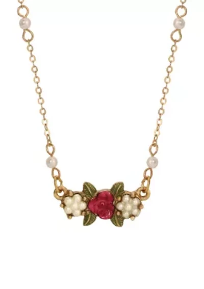 Faux Pearl & Red Rose Collar Nk 16" Adj