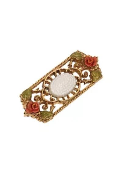 Faux Pearl Red Rose Rectangle Brooch